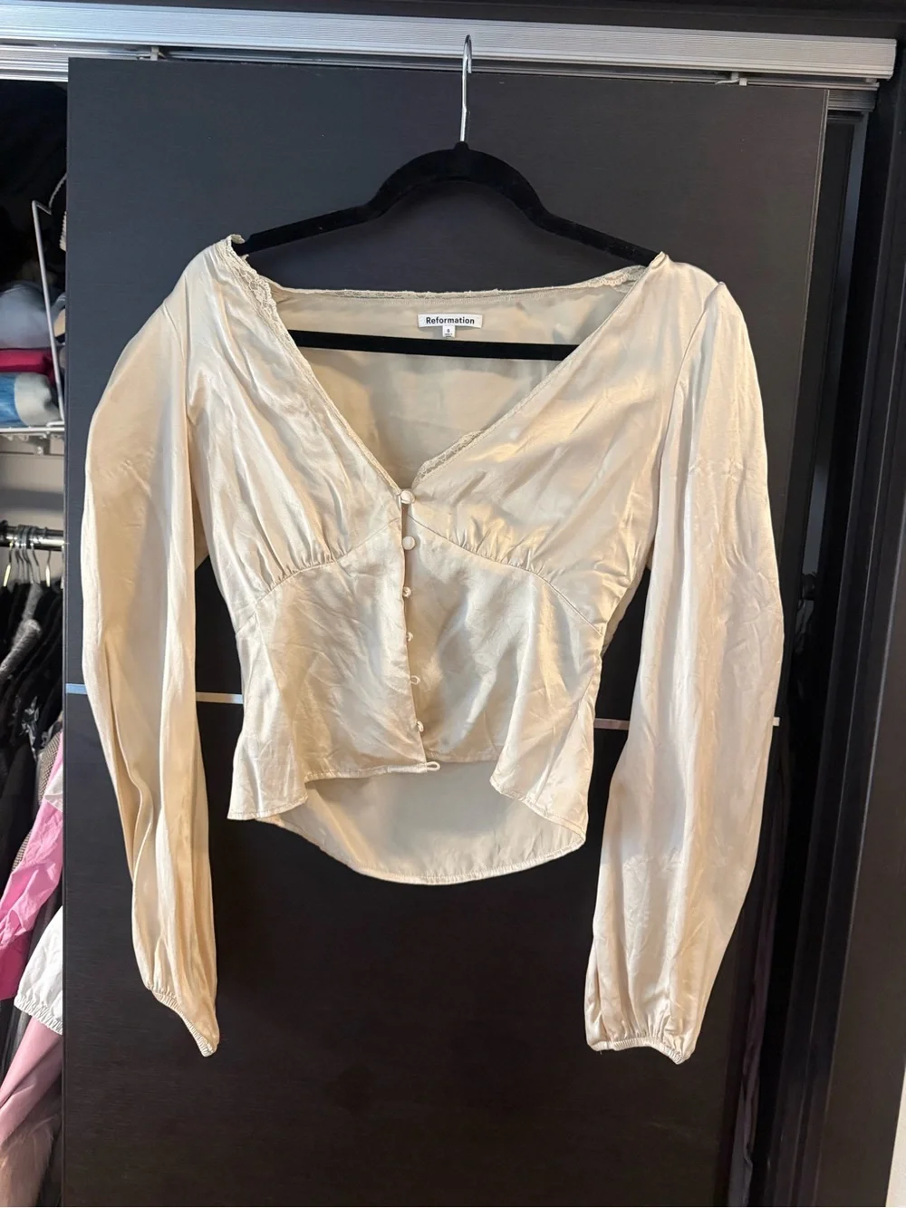 Reformation Cream Satin Lace-Trim V-Neck Blouse